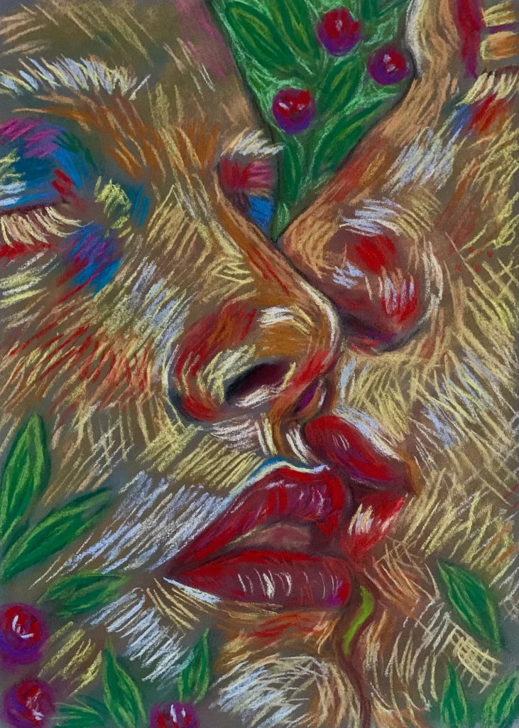 Abstract face and lips soft pastel painting in earth tones