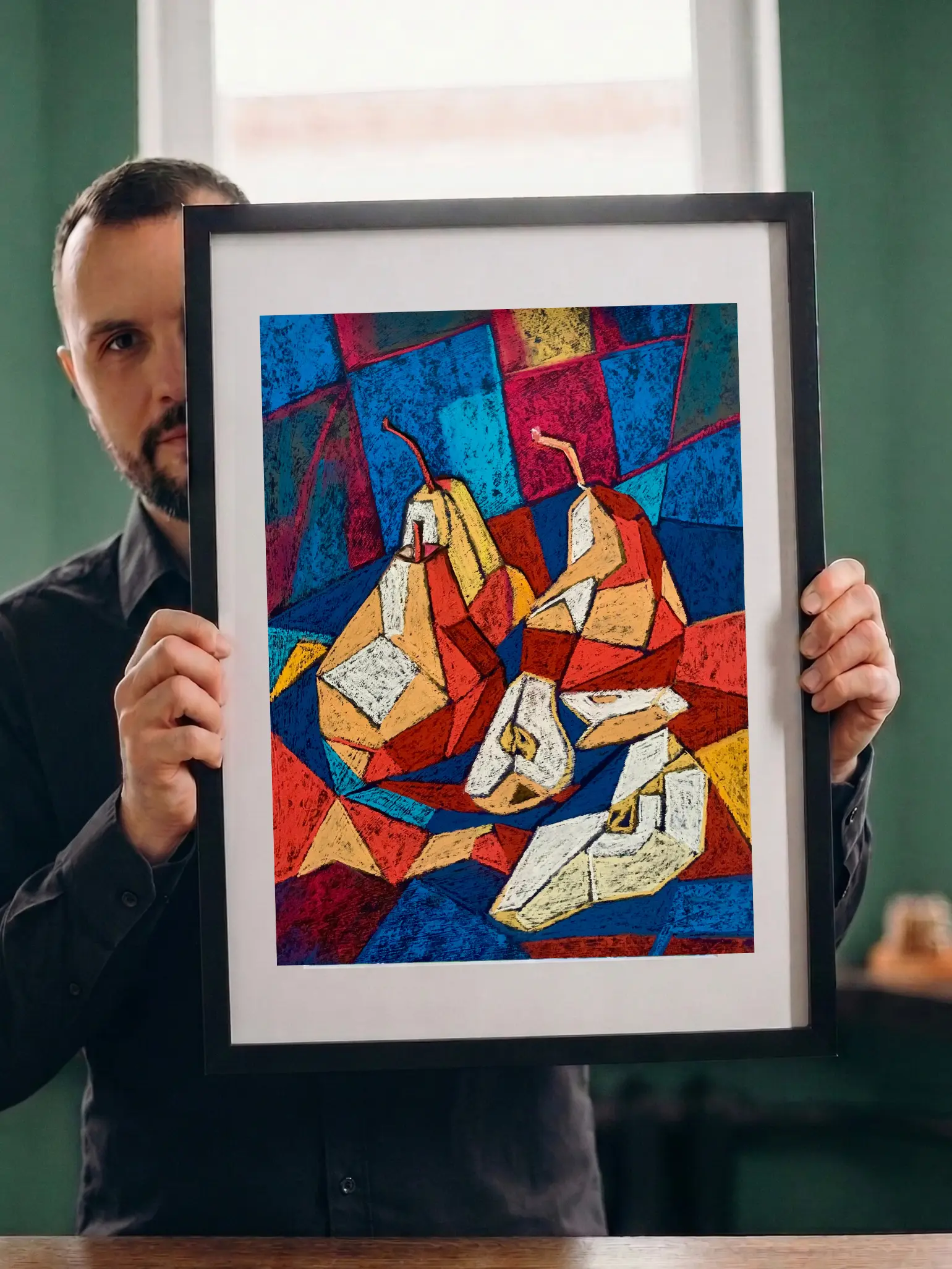 Artist holding framed cubist soft pastel pears painting