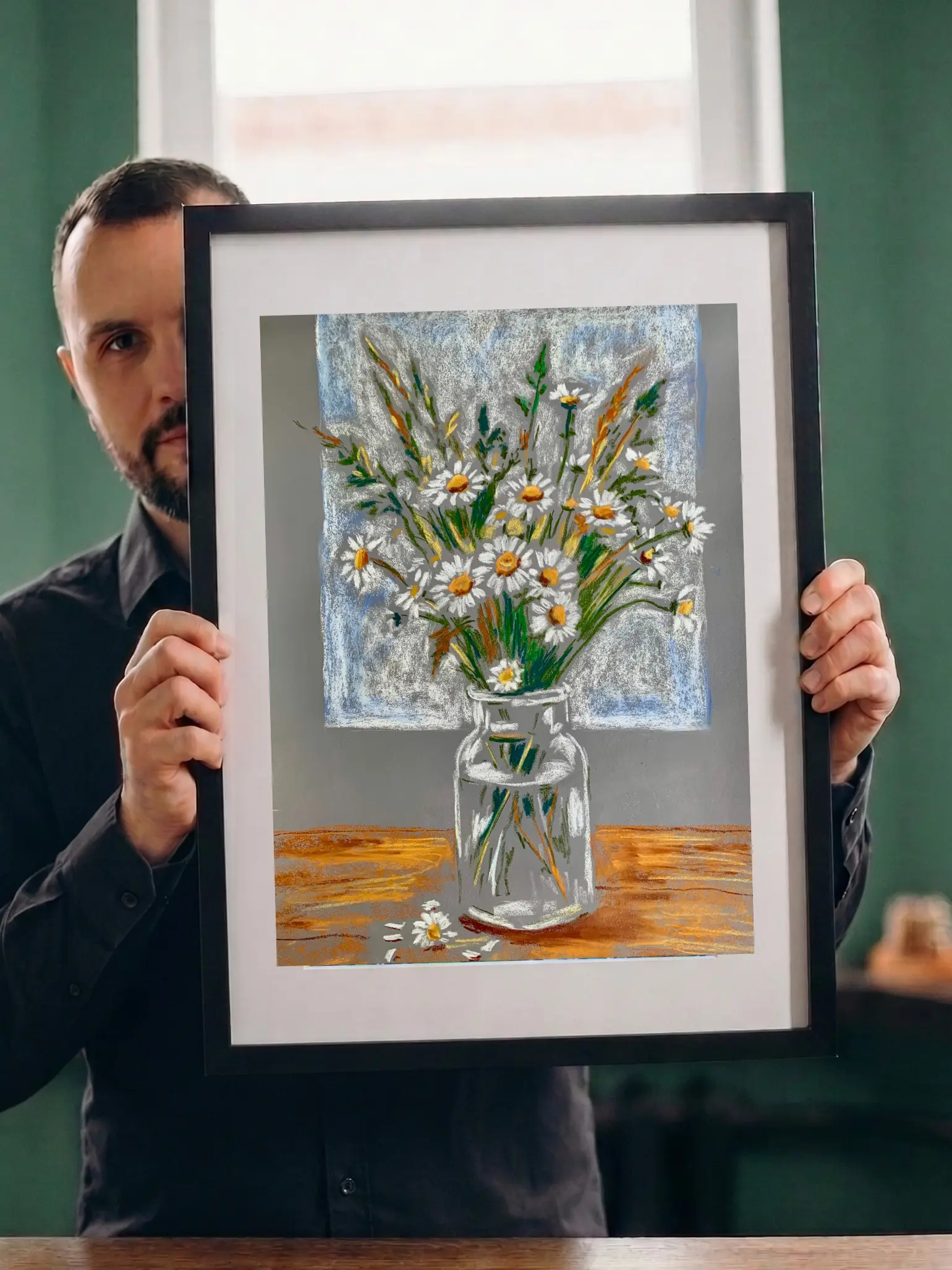 Artist holding framed expressionist soft pastel wild daisies painting