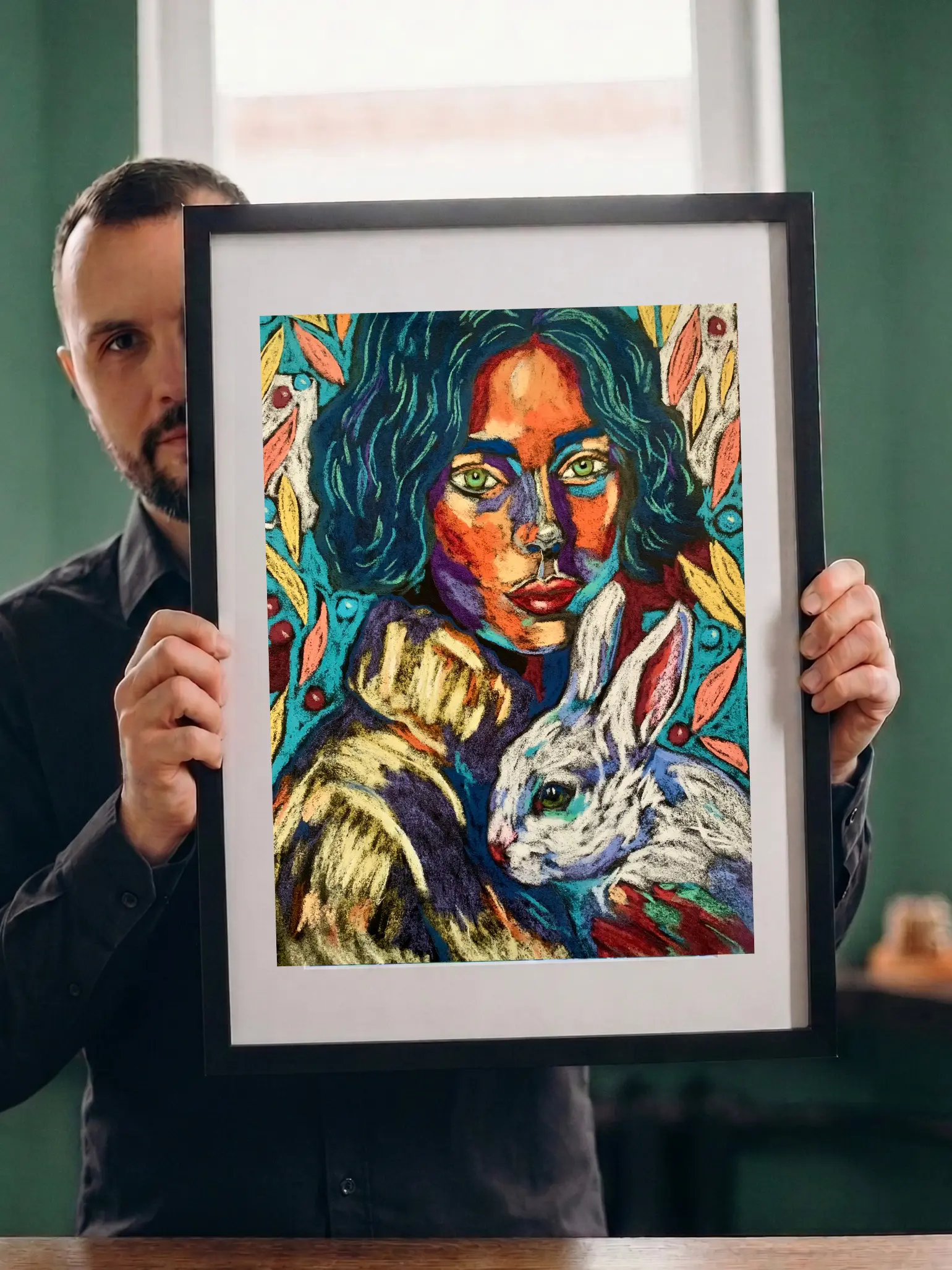 Artist holding framed expressionist soft pastel woman with rabbit painting