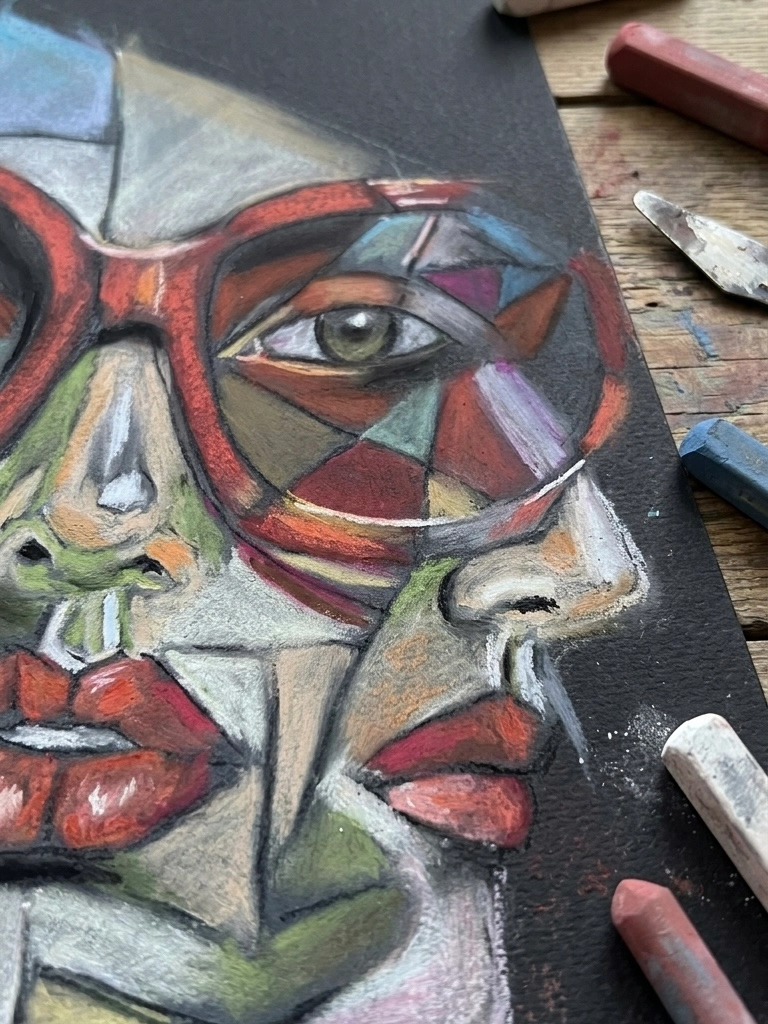 Colorful geometric portrait in soft pastel, cubist style woman in glasses