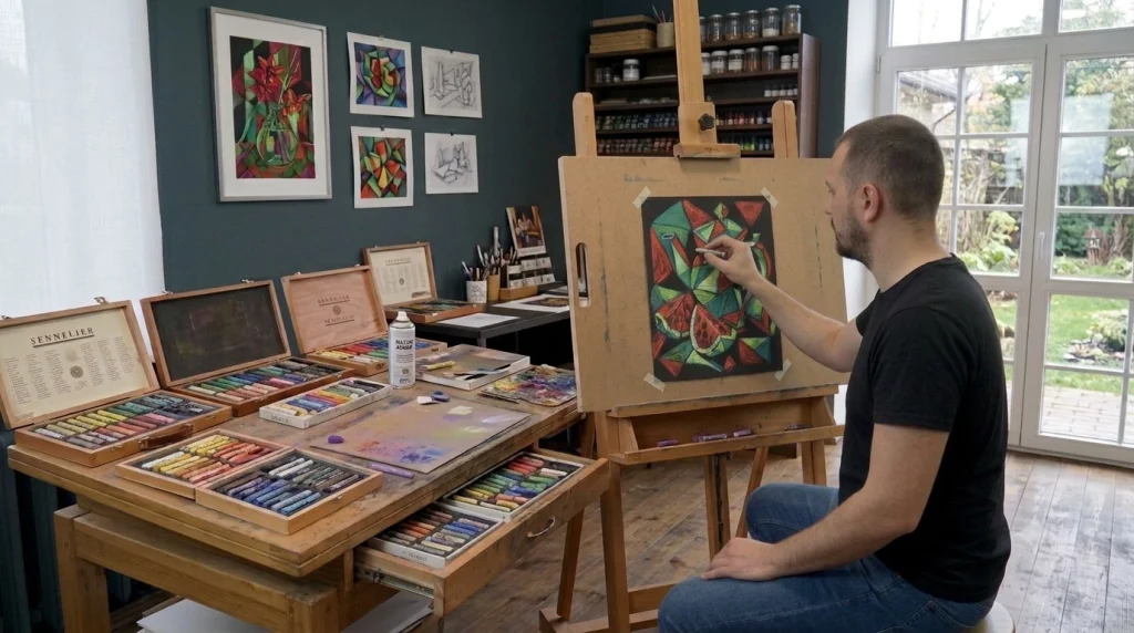 Artist working with soft pastels on a geometric painting in art studio