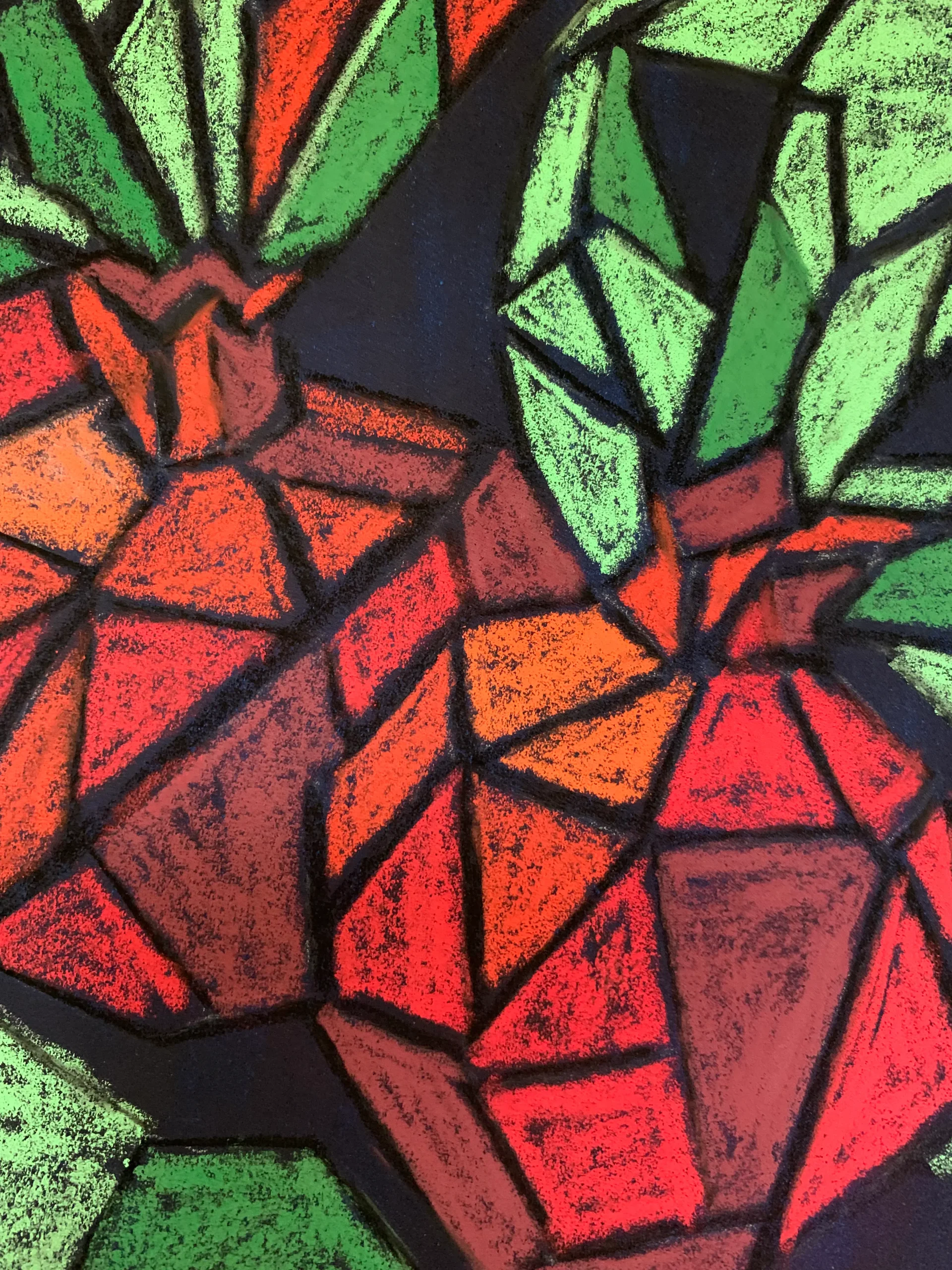 Close-up detail of cubist soft pastel pomegranate still lif