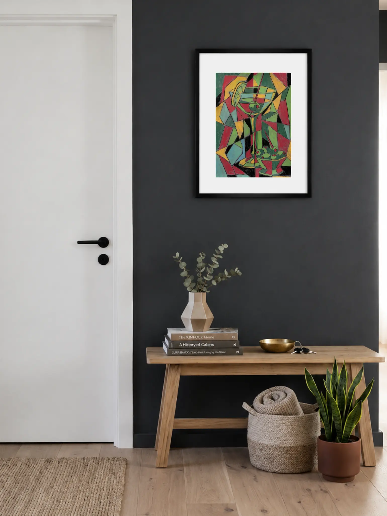 Framed cubist soft pastel martini painting in entryway interior