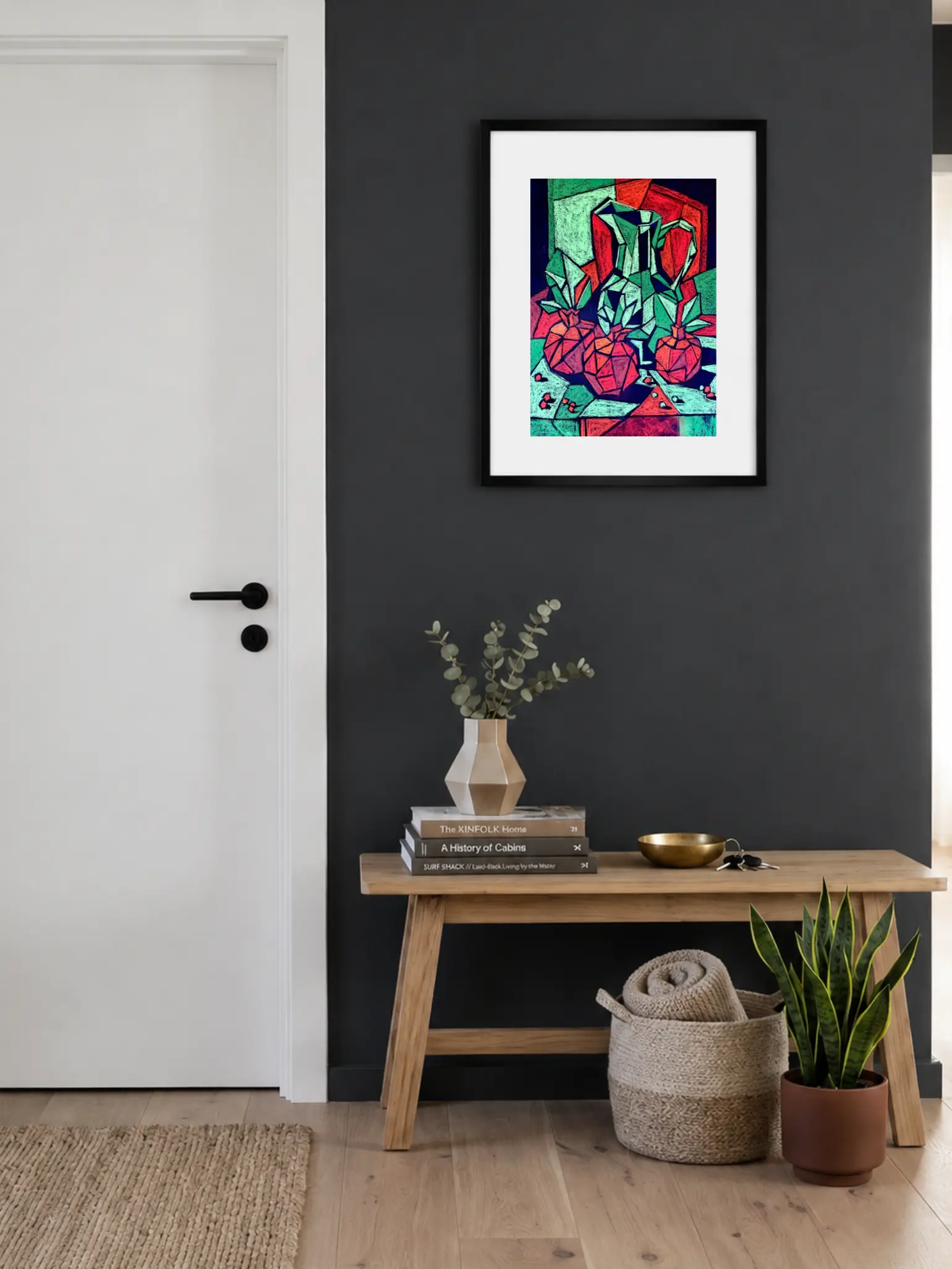 Framed cubist soft pastel pomegranate still life in entryway interior