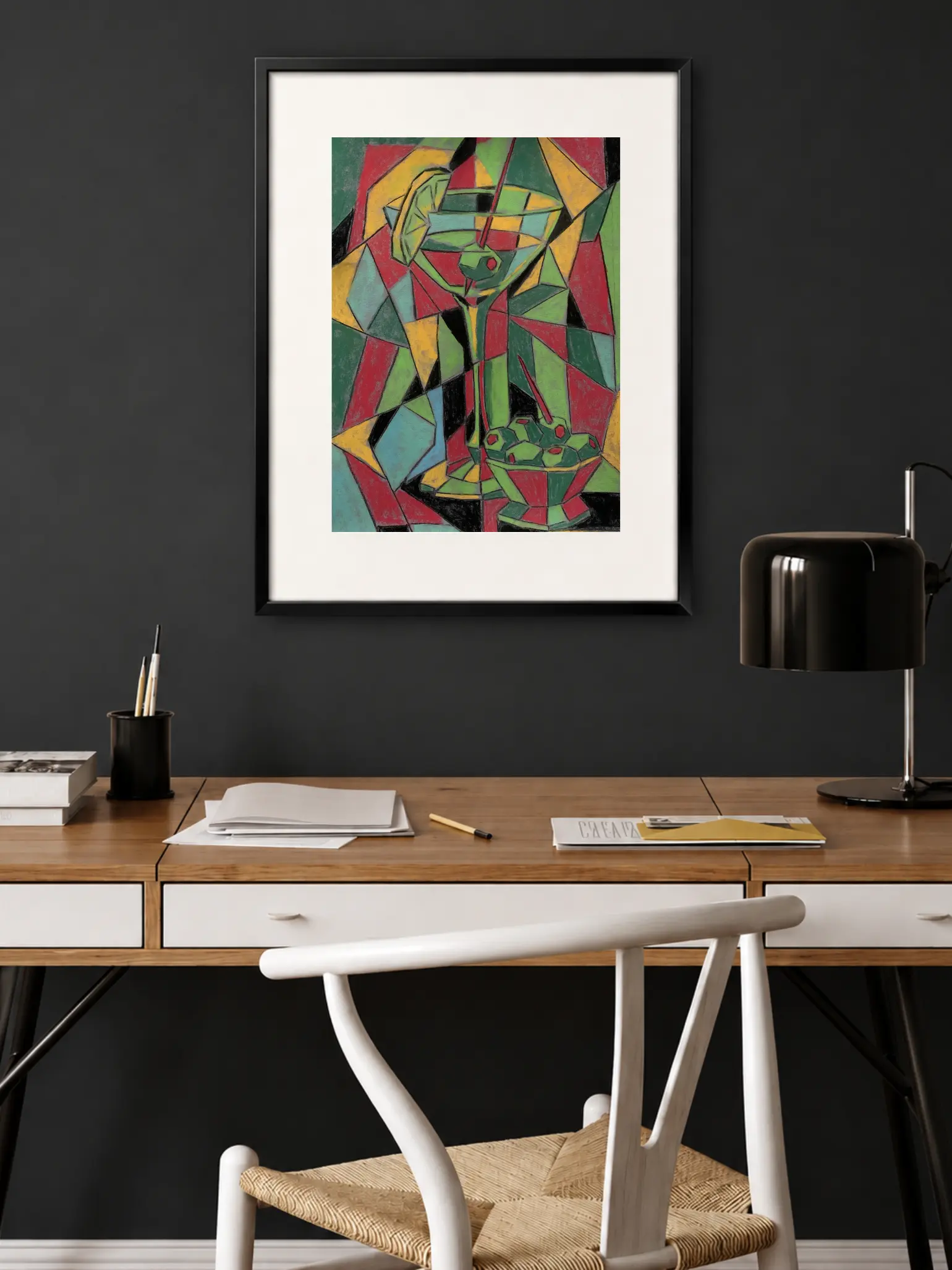 Framed cubist soft pastel martini painting in modern home office