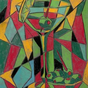 Cubist martini cocktail still life, soft pastel painting in green and red