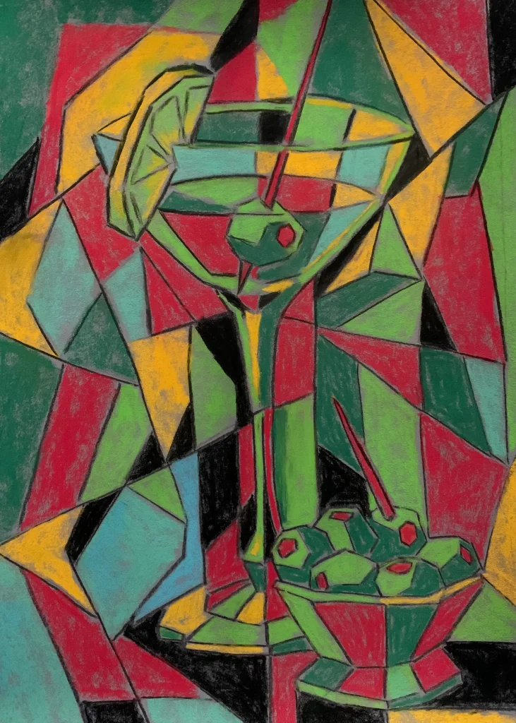 Cubist martini cocktail still life, soft pastel painting in green and red