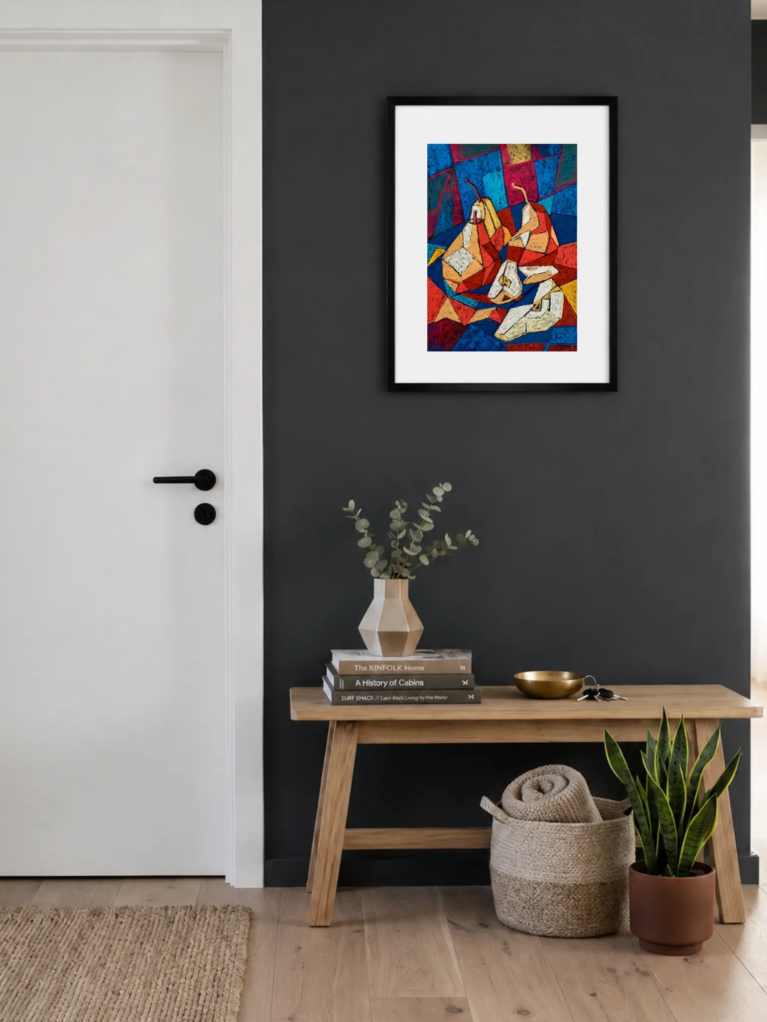 Framed cubist soft pastel pears still life in entryway interior