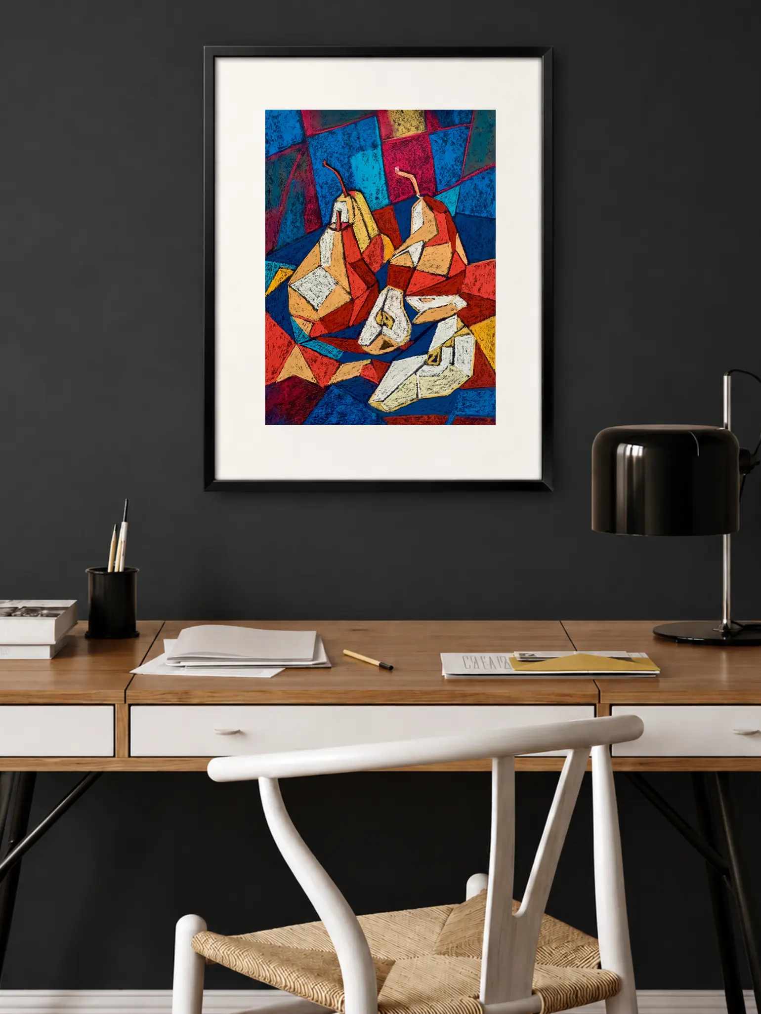 Framed cubist soft pastel pears still life in modern home office