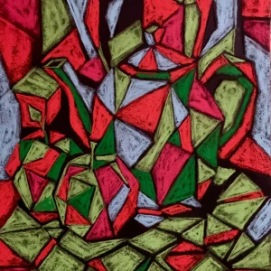 Cubist still life with pitcher and fruit, soft pastel painting in red and green
