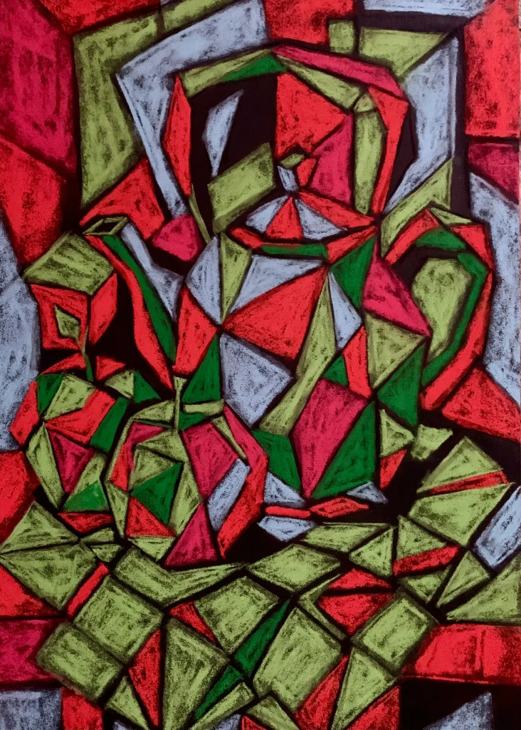 Cubist still life with pitcher and fruit, soft pastel painting in red and green