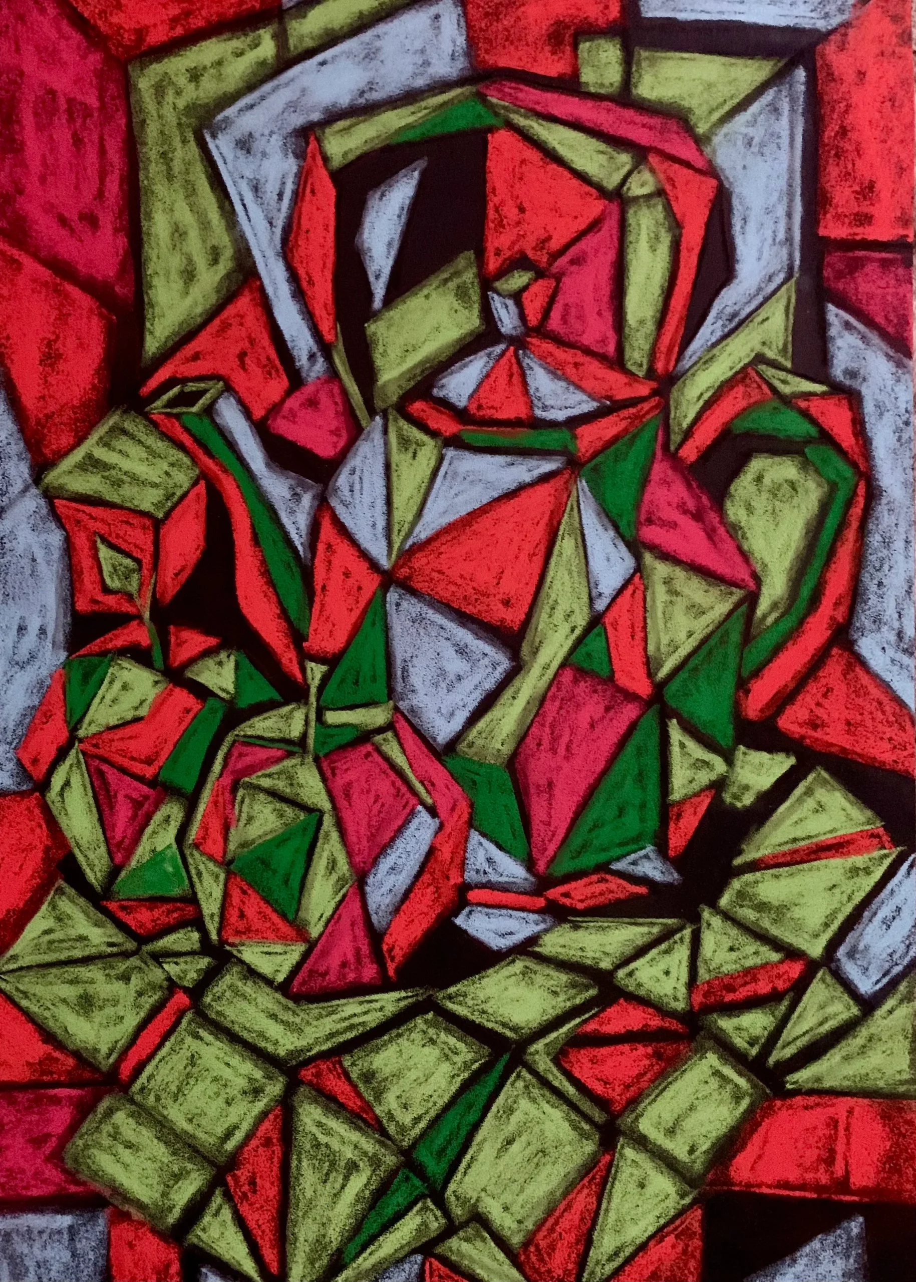 Cubist still life with pitcher and fruit, soft pastel painting in red and green