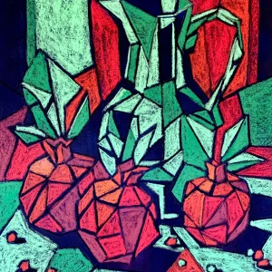Cubist still life with pitcher and pomegranates, soft pastel painting in green and red