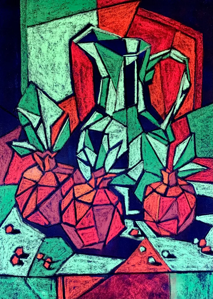Cubist still life with pitcher and pomegranates, soft pastel painting in green and red
