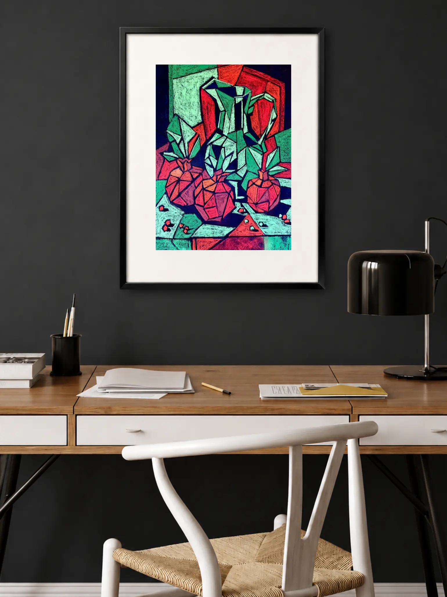 Framed cubist soft pastel pomegranate still life in modern home office