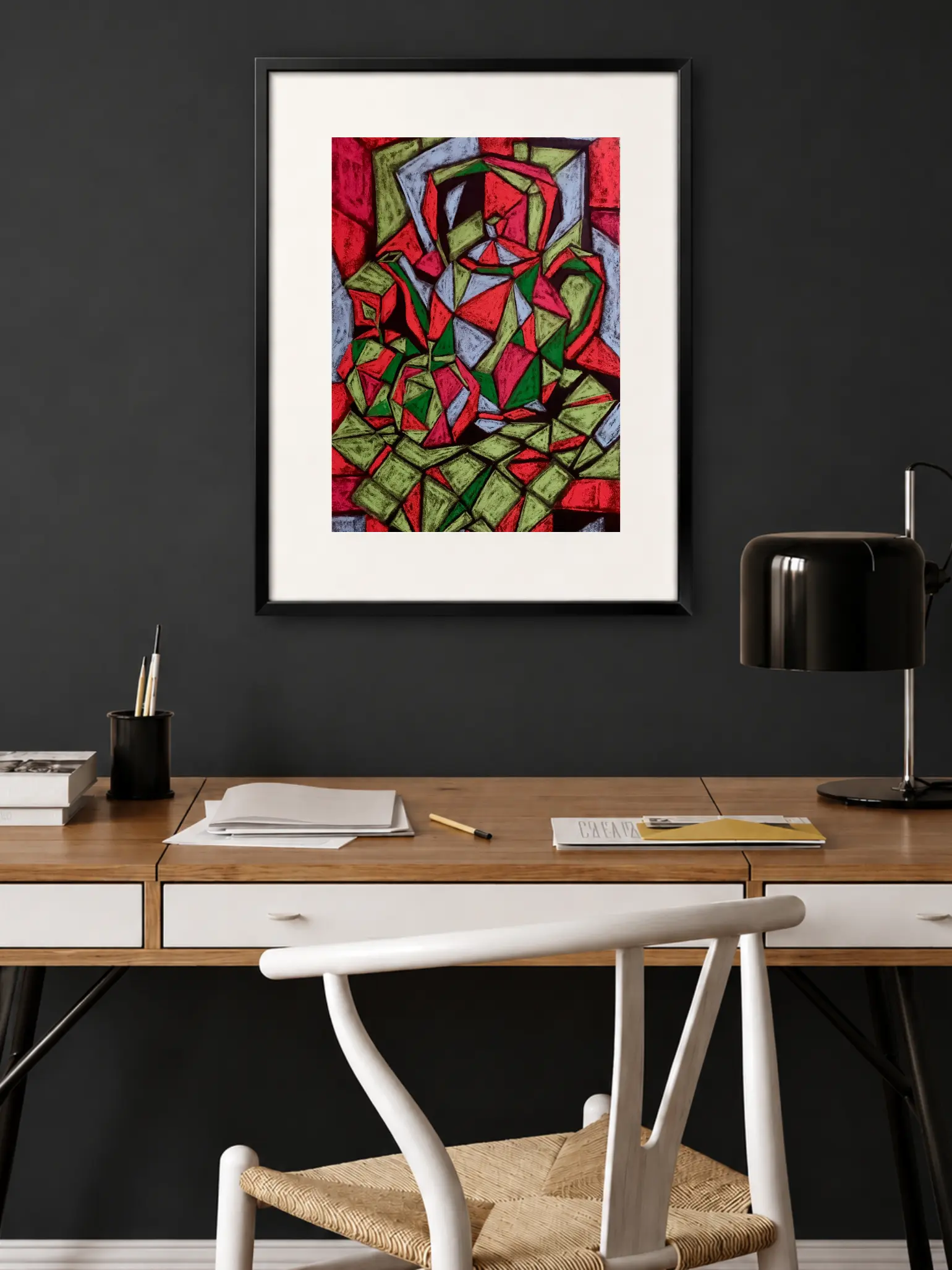 Framed cubist soft pastel still life painting in modern home office
