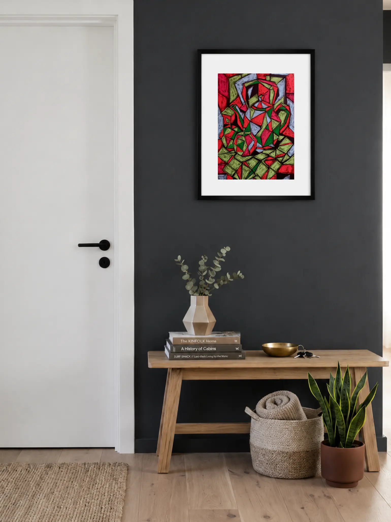 Framed cubist soft pastel still life painting in entryway interior