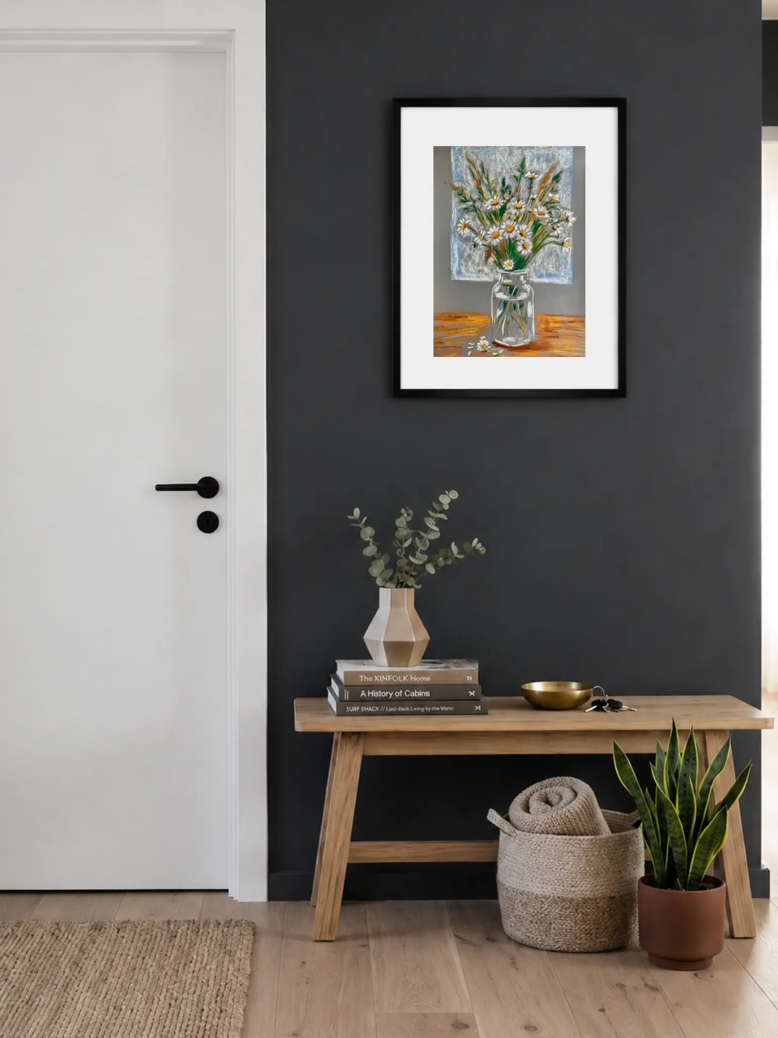 Framed soft pastel wild daisies painting in entryway interior