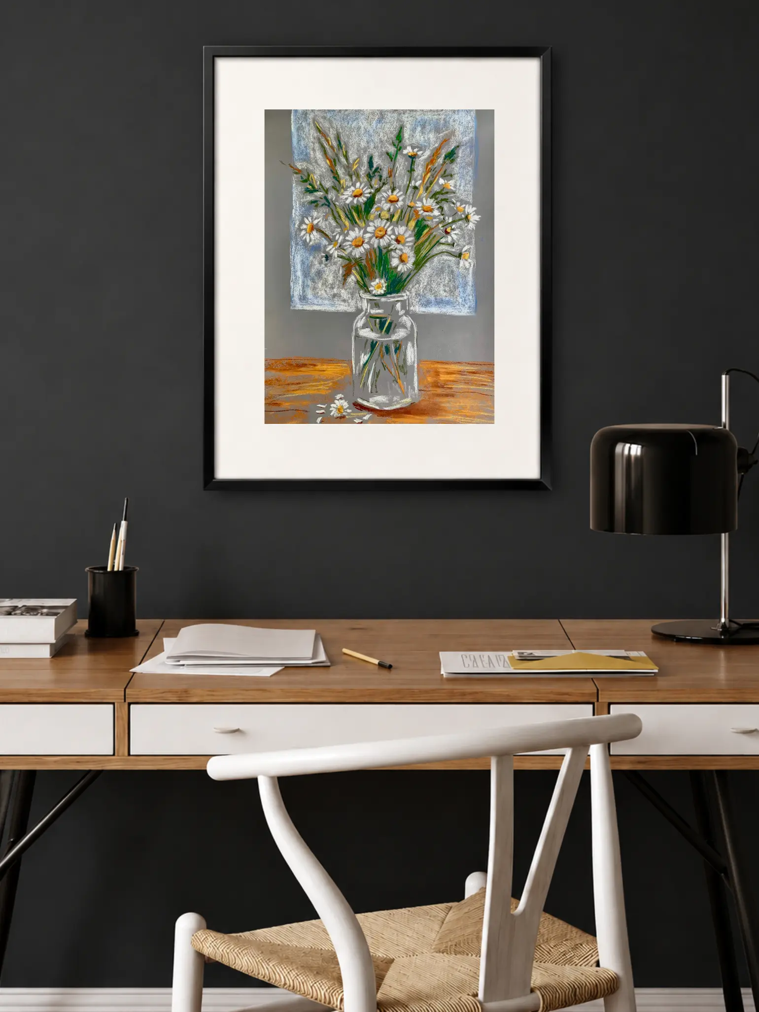 Framed soft pastel wild daisies painting in modern home office