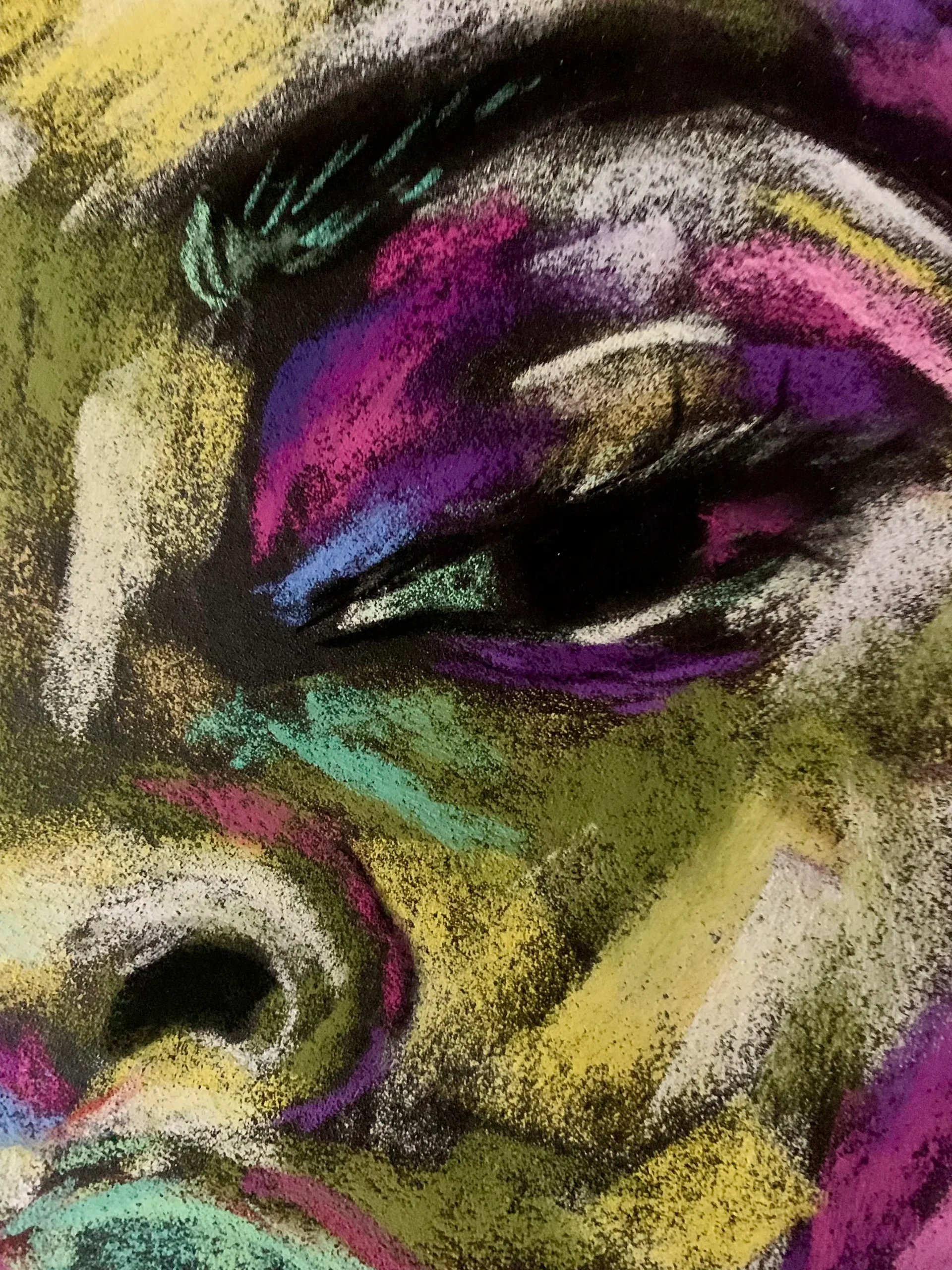Close-up detail of expressionist soft pastel portrait, colorful eye