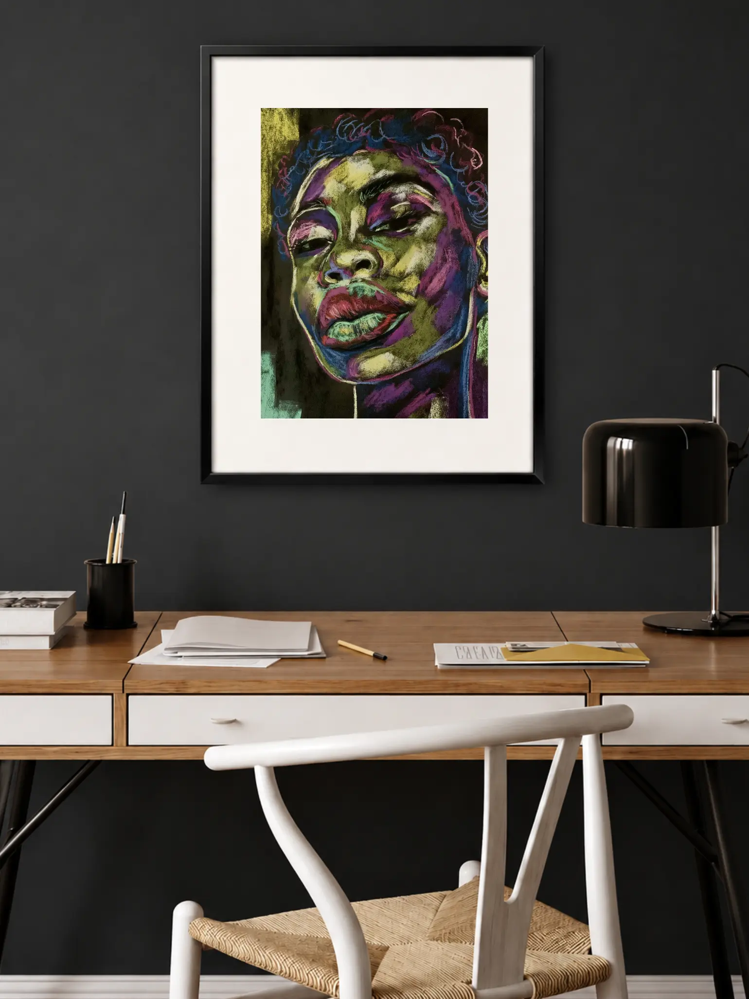 Expressionist soft pastel portrait framed in dark home office