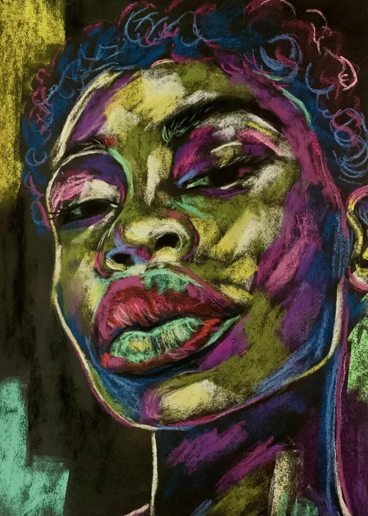 Expressionist soft pastel portrait of a woman in vivid color