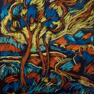 Expressionist tree soft pastel painting in blue and orange