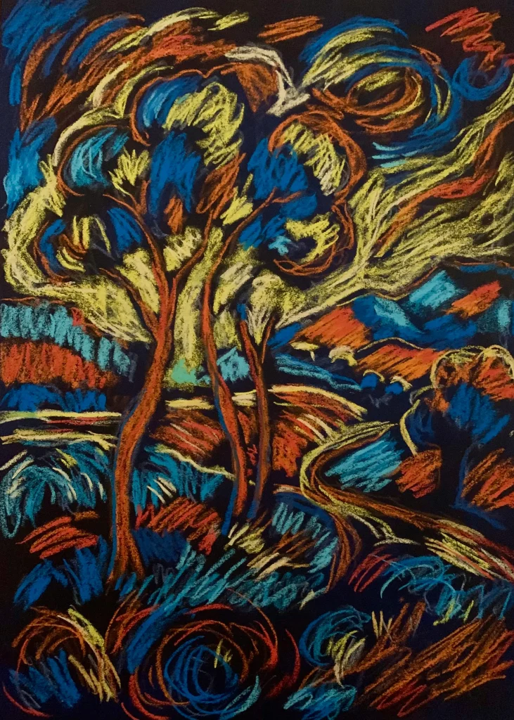 Expressionist tree soft pastel painting in blue and orange
