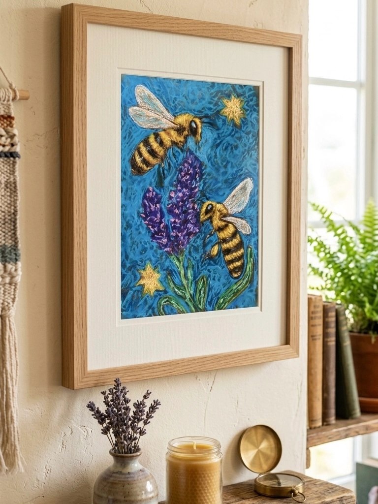Framed soft pastel painting of bees on lavender flowers, cozy interior decor