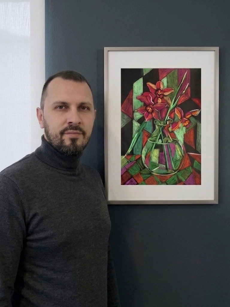 Volodymyr Savchenko with geometric soft pastel floral still life painting