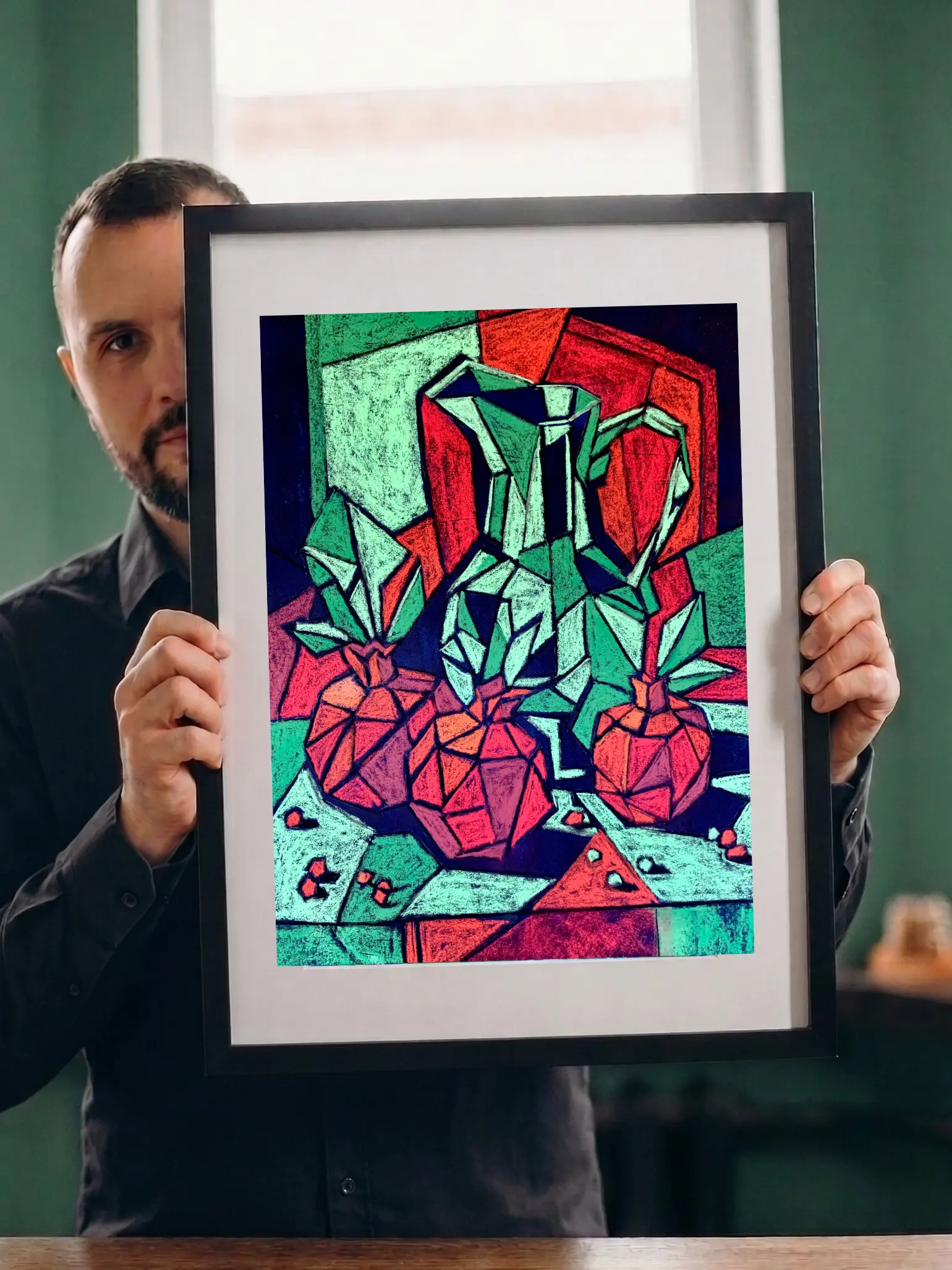 Artist holding framed cubist soft pastel pomegranate still life painting