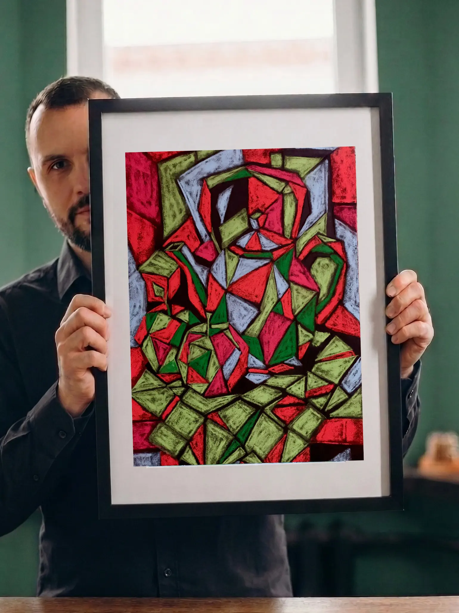 Artist holding framed cubist soft pastel still life painting