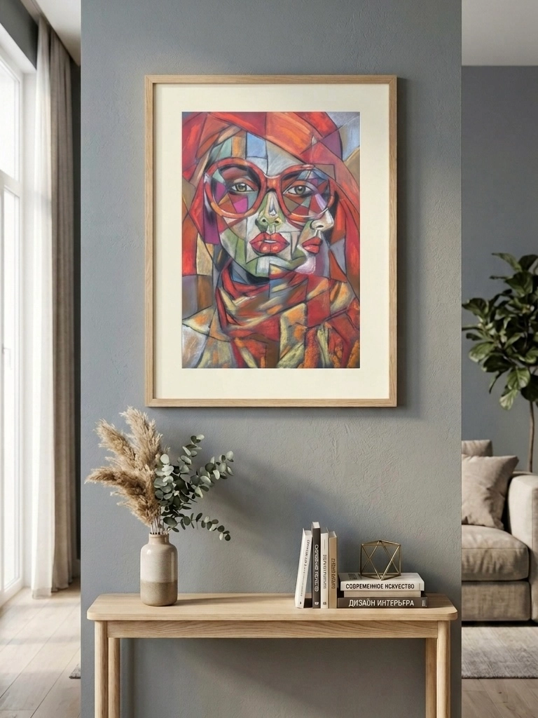 Modern cubism female portrait soft pastel painting framed in stylish interior