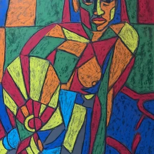 Original Cubist abstract female portrait painting brings a dynamic, modernist energy to life. Masterfully hand-painted in textured soft pastels by Savchenko on an A3 surface, this striking artwork features a fragmented woman's figure in bold green, orange, and blue hues.
