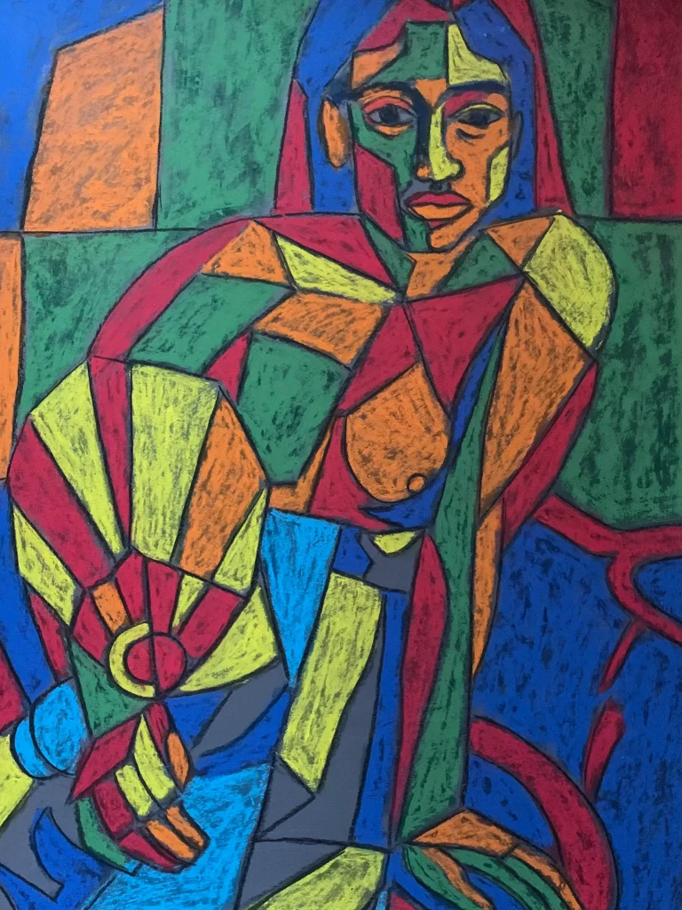 Original Cubist abstract female portrait painting brings a dynamic, modernist energy to life. Masterfully hand-painted in textured soft pastels by Savchenko on an A3 surface, this striking artwork features a fragmented woman's figure in bold green, orange, and blue hues.