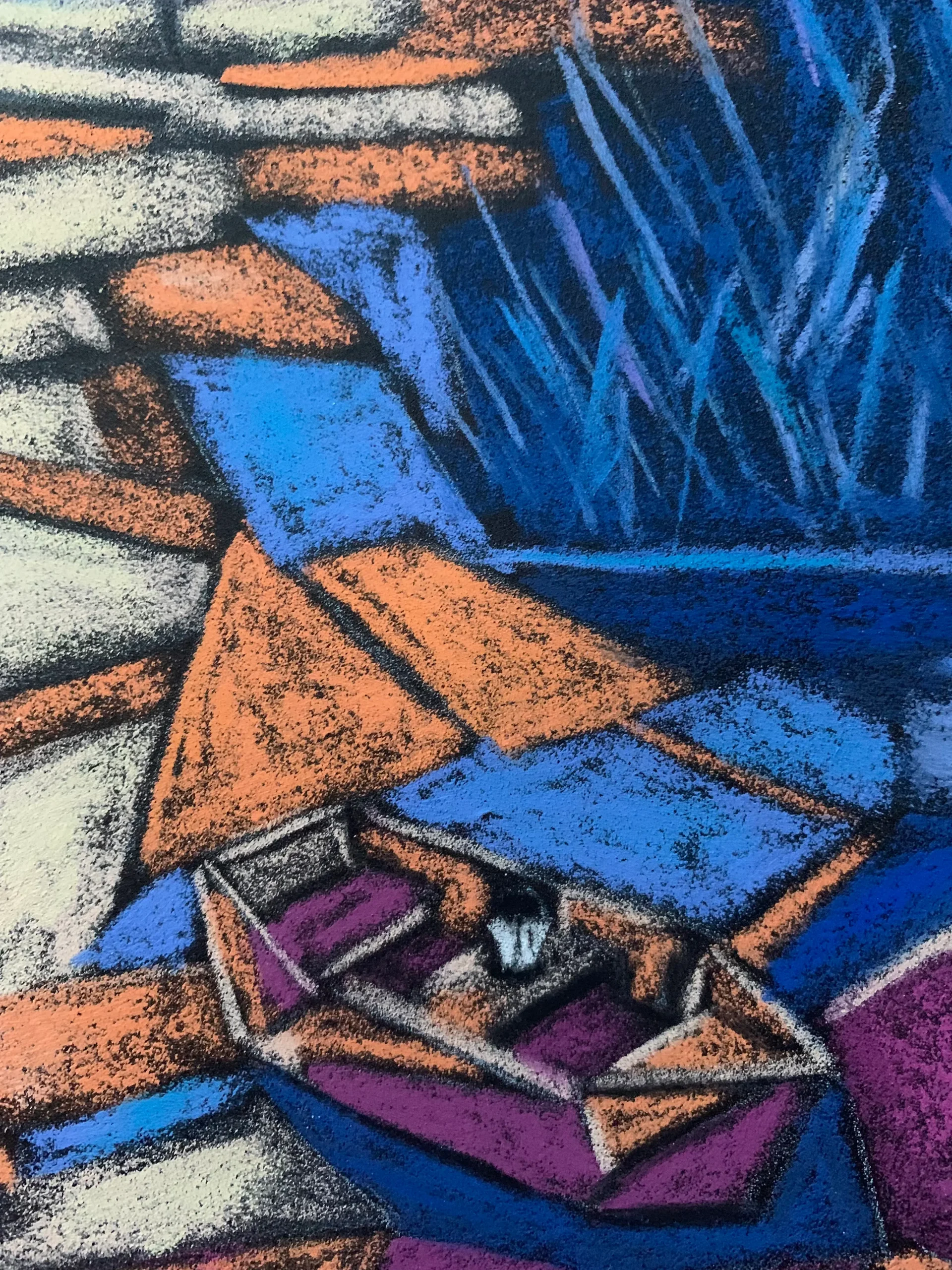 An original Cubist abstract landscape boat painting in soft pastel by Savchenko, featuring a small geometric boat floating in deep blue water near an orange and cream shoreline, in A3 format.