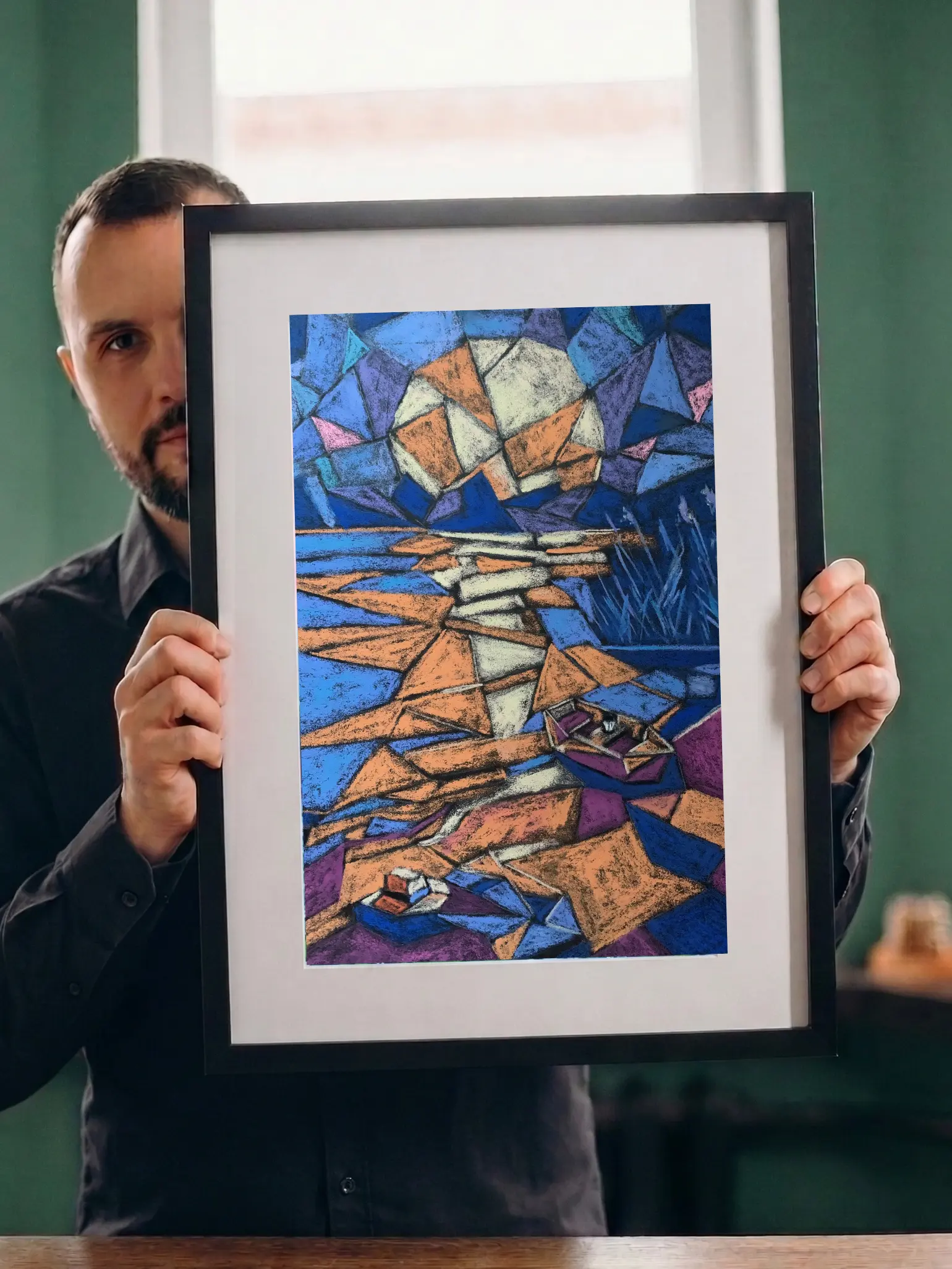 An original Cubist abstract landscape boat painting in soft pastel by Savchenko, featuring a small geometric boat floating in deep blue water near an orange and cream shoreline, in A3 format.