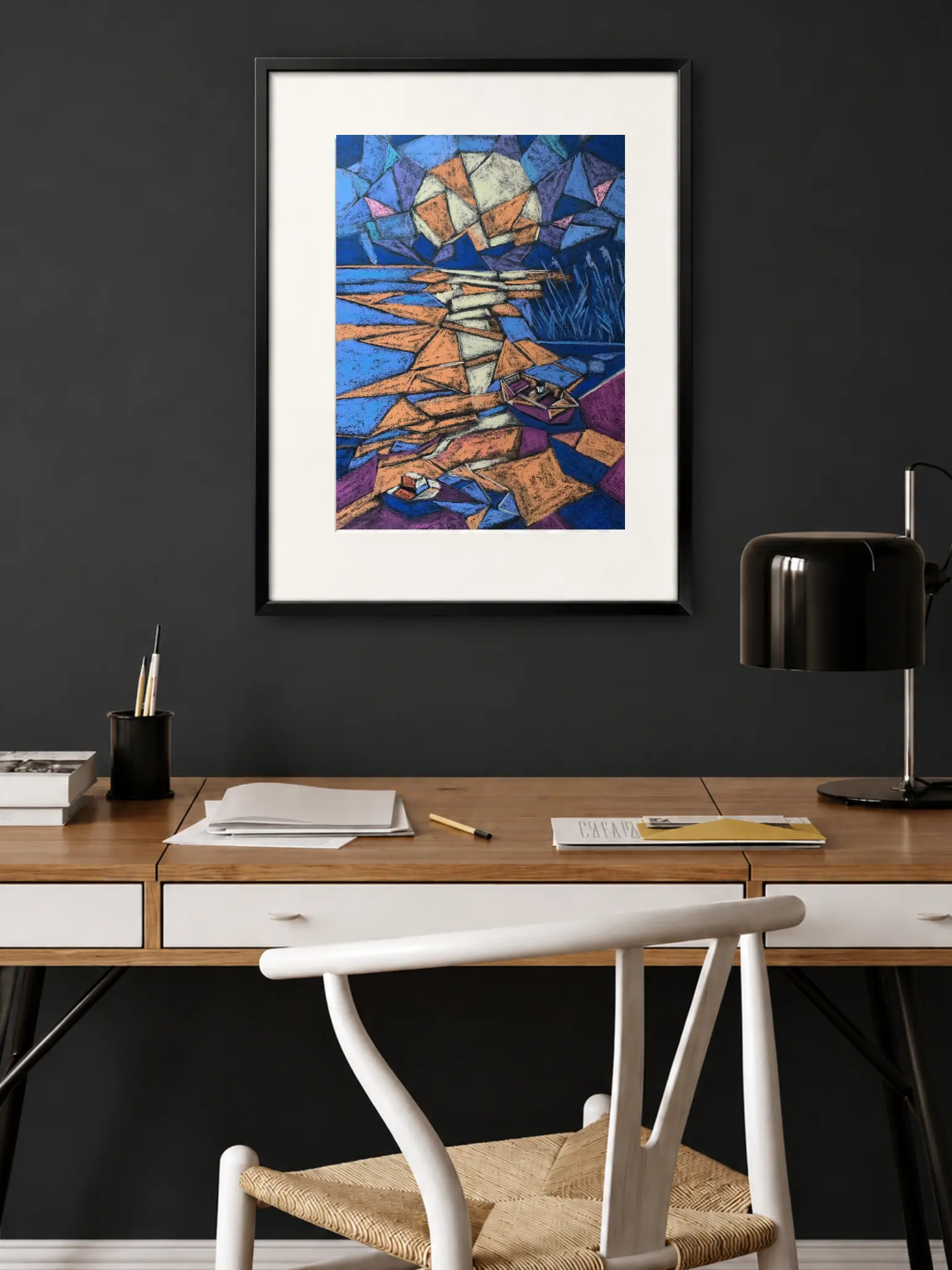 An original Cubist abstract landscape boat painting in soft pastel by Savchenko, featuring a small geometric boat floating in deep blue water near an orange and cream shoreline, in A3 format.