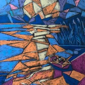 An original Cubist abstract landscape boat painting in soft pastel by Savchenko, featuring a small geometric boat floating in deep blue water near an orange and cream shoreline, in A3 format.
