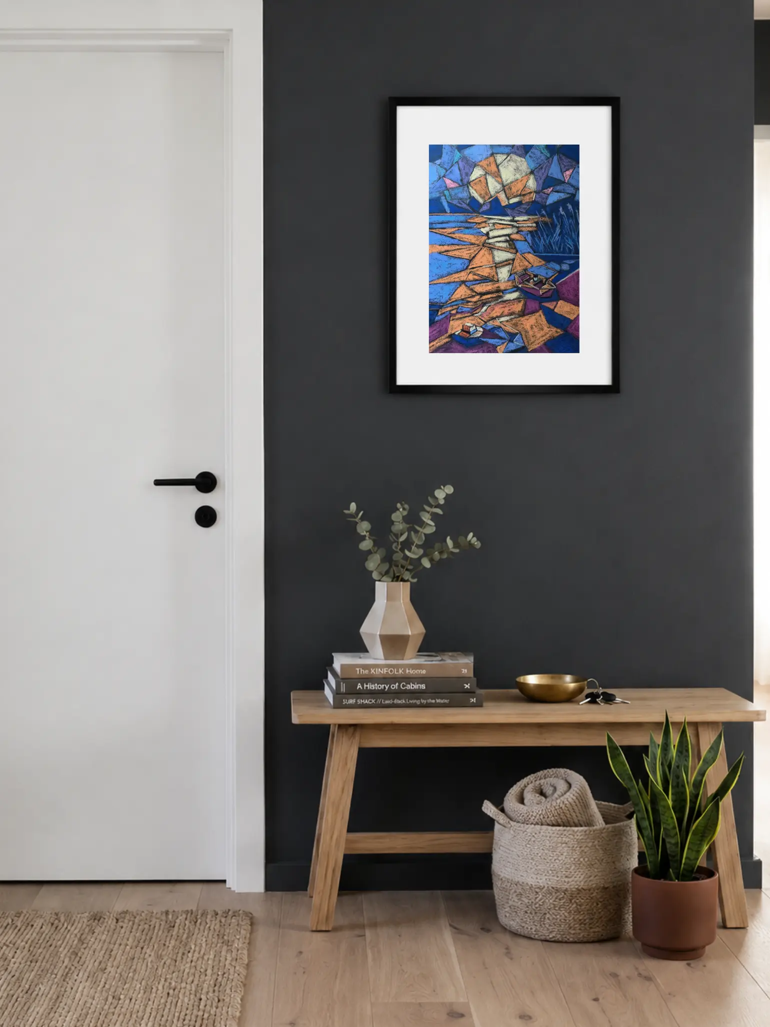An original Cubist abstract landscape boat painting in soft pastel by Savchenko, featuring a small geometric boat floating in deep blue water near an orange and cream shoreline, in A3 format.