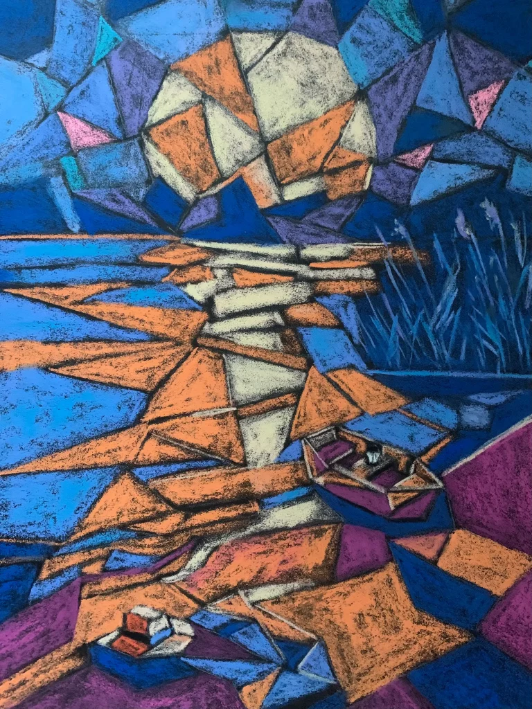 An original Cubist abstract landscape boat painting in soft pastel by Savchenko, featuring a small geometric boat floating in deep blue water near an orange and cream shoreline, in A3 format.