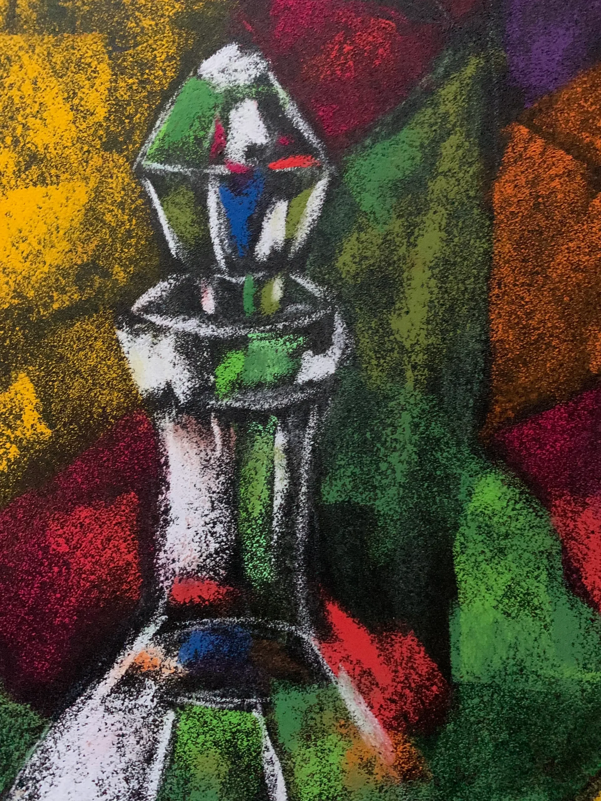 An original cubist abstract still life decanter painting in soft pastel by Savchenko, depicting a glass of wine, an apple, and a citrus slice against a multi-colored geometric background.