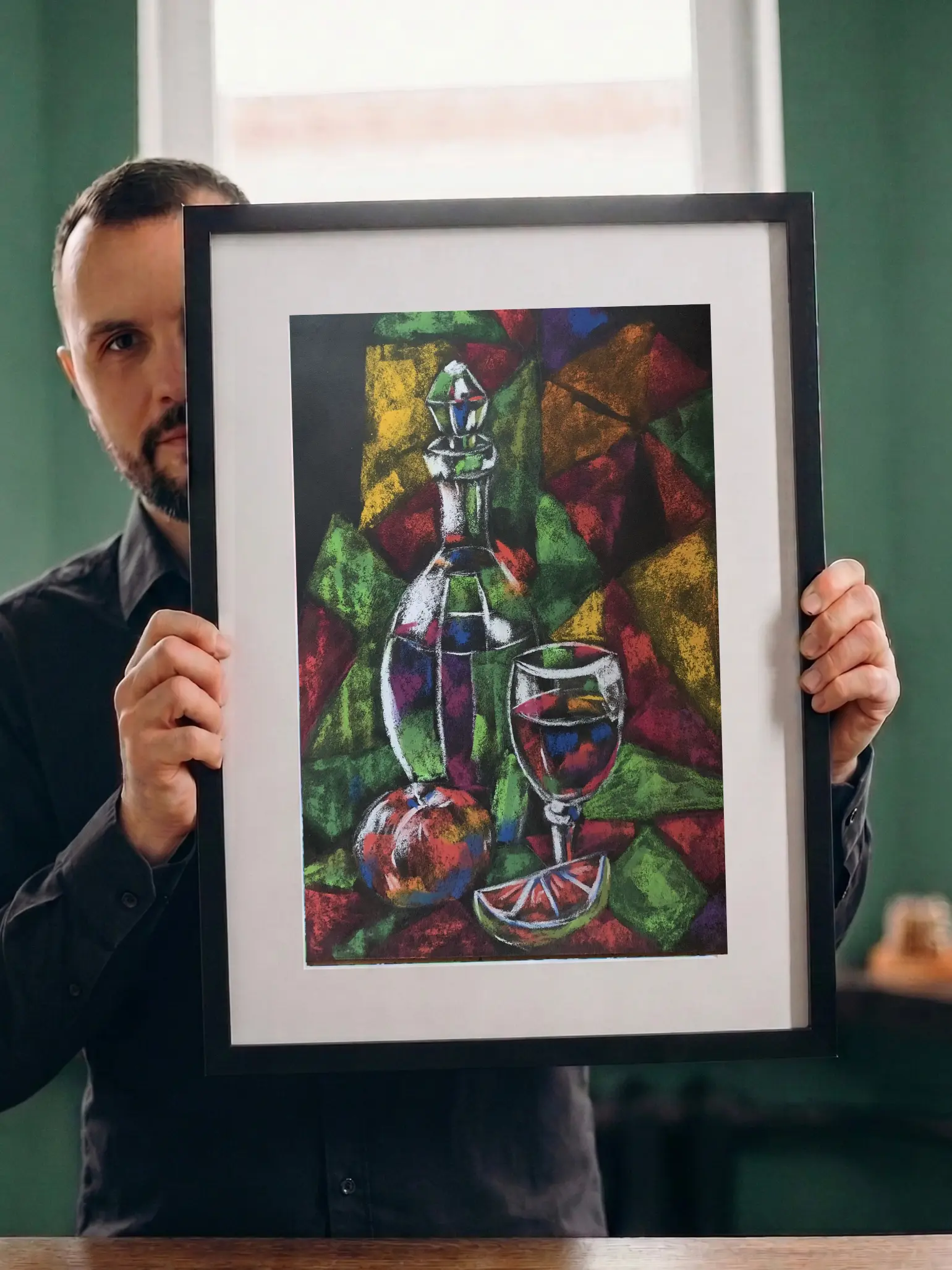 An original cubist abstract still life decanter painting in soft pastel by Savchenko, depicting a glass of wine, an apple, and a citrus slice against a multi-colored geometric background.