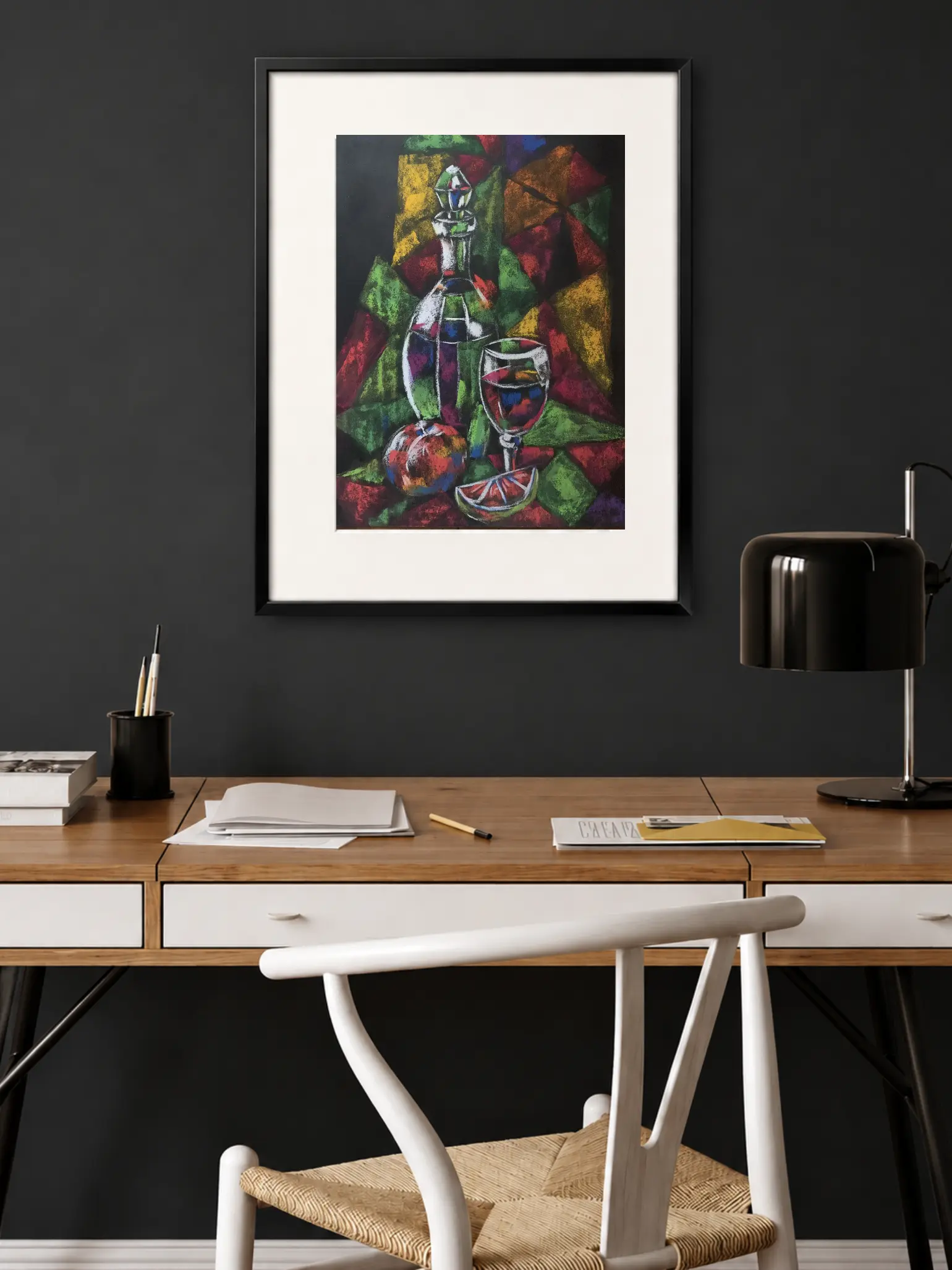 An original cubist abstract still life decanter painting in soft pastel by Savchenko, depicting a glass of wine, an apple, and a citrus slice against a multi-colored geometric background.