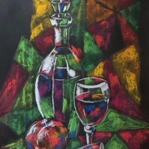 An original cubist abstract still life decanter painting in soft pastel by Savchenko, depicting a glass of wine, an apple, and a citrus slice against a multi-colored geometric background.