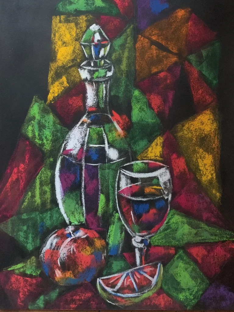 An original cubist abstract still life decanter painting in soft pastel by Savchenko, depicting a glass of wine, an apple, and a citrus slice against a multi-colored geometric background.