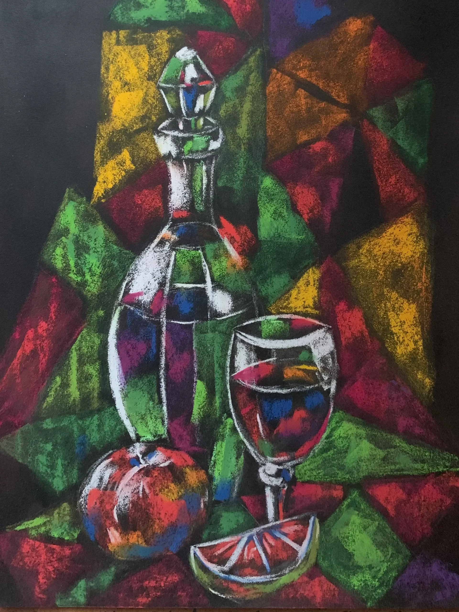An original cubist abstract still life decanter painting in soft pastel by Savchenko, depicting a glass of wine, an apple, and a citrus slice against a multi-colored geometric background.