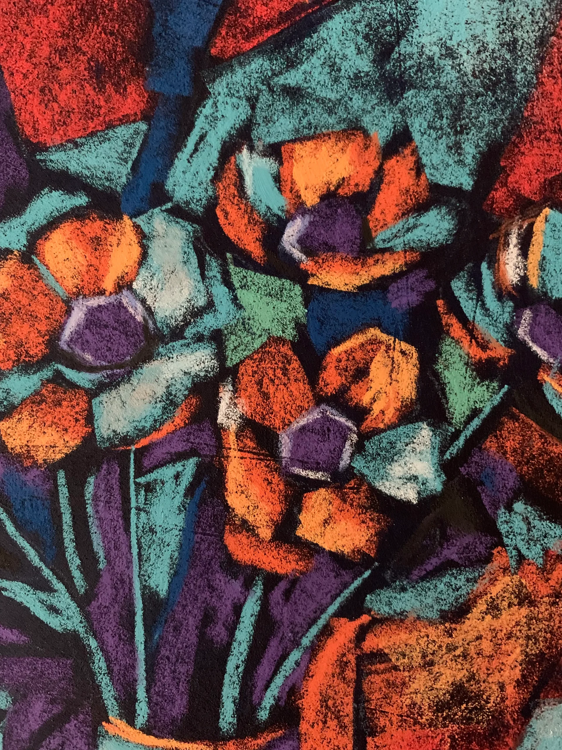 Close-up detail of cubist abstract flower still life, soft pastel painting
