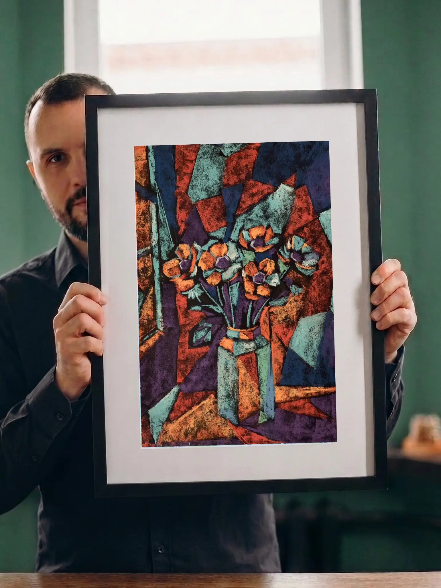 Artist holding framed cubist abstract flower still life, soft pastel painting